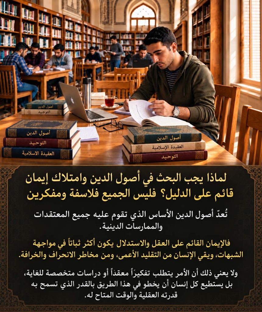 الإيمان القائم على العقل والاستدلال يكون أكثر ثباتاً في مواجهة الشبهات، ويقي الإنسان من التقليد الأعمى، ومن مخاطر الانحراف والخرافة.