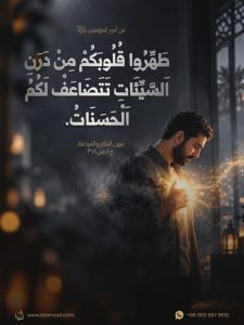 عن أمير المؤمنين علي عليه السلام: طَهِّرُوا قُلُوبَكُمْ مِنْ دَرَنِ اَلسَّيِّئَاتِ تَتَضاعَف لَكُمُ الحَسَنات. #كلامكم_نور
